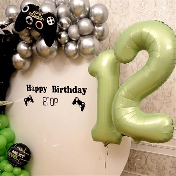 Sage Green Balloon Numbers 12, 40 Inch Big Foil Mylar Number 1 & 2 Helium Balloons, Olive Green 12th Birthday Balloons for Girls Women 12th 21st Jungle Birthday Anniversary Party Decorations Supplies