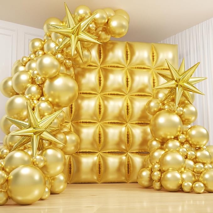 152Pcs Gold Foil Square Balloon Wall Backdrop with Metallic Gold Latex Balloons Arch Garland Kit, Double Sided Balloon Tunnel for New Year Birthday Anniversary Graduation Party Decorations