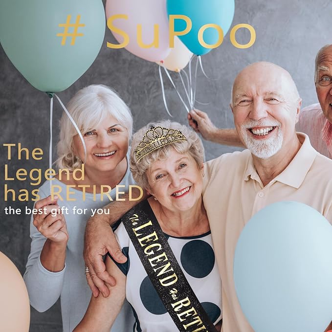 SuPoo Retirement Party Decorations Retired Sash for Women Black Gold Retired Tiara Crown Rhinestone Headband Retirement Gifts The Legend Has Retired Sash for Both Women and Men Party Supplies Favors
