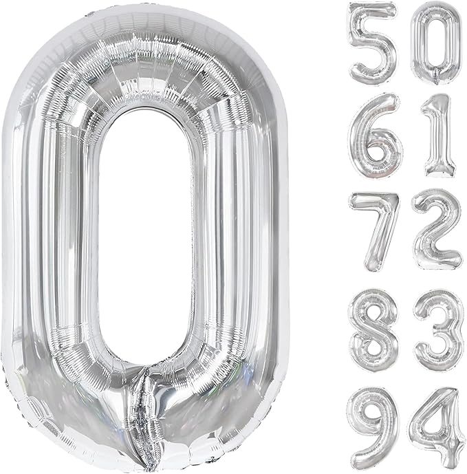 Silver Number Balloon 40 Inch, 0 Number Balloons, 10 20 30 40 50 Numbers Balloon Birthday Decorations, Silver Party Supplies for Women Men