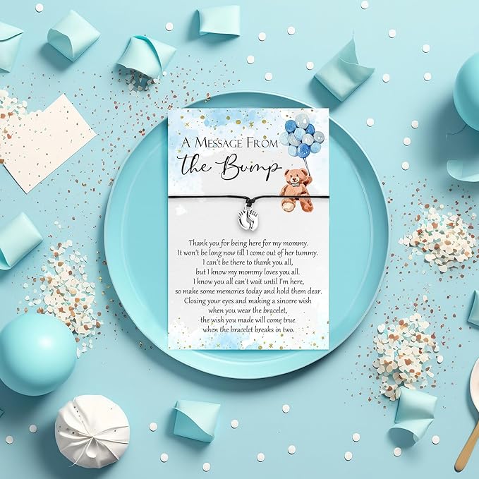 Thyle 25 Set Blue Bear Baby Shower Favors for Guests Adjustable Bracelets with Message from The Bump Card Footprints Charm Baby Shower Bracelets for Gender Reveal Thank You Gifts