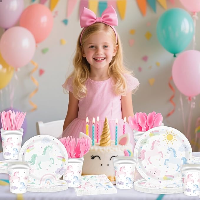 Unicorn Birthday Party Supplies for 24 Guests, Magical Pastel Theme Tableware Set Includes Disposable Paper Plates, Napkins, Cups, Cutlery, Unicorn Birthday Decorations for Girls