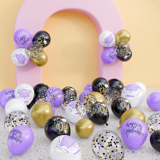 OuMuaMua 74 Pack Graduation Party Decorations Balloons Set - 12 Inch Black Purple Metallic Gold White Confetti Graduation Balloons for Class of 2026 Grad Birthday Party Decor Supplies