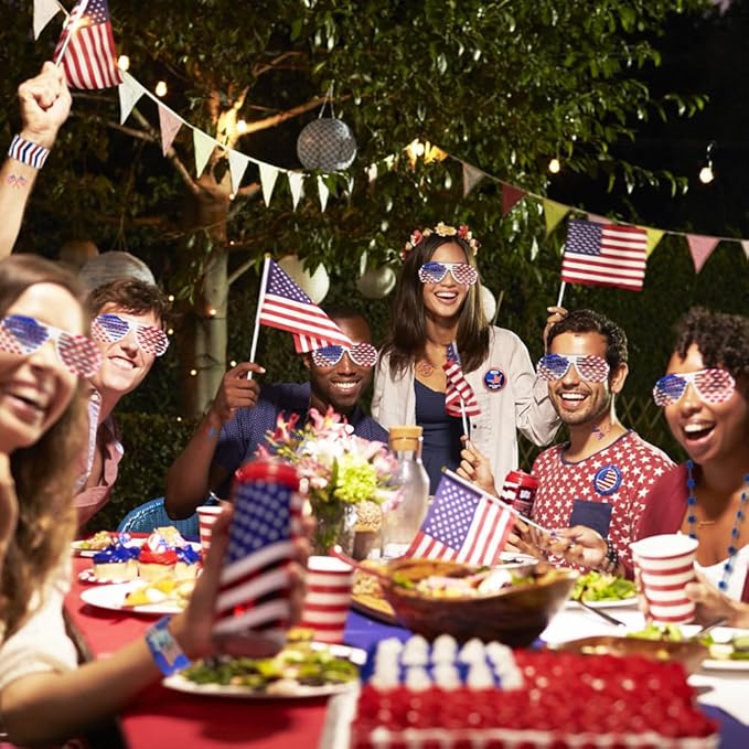 156 Pcs Patriotic Party Favors, 4th of July Accessories American Flags, Sunglasses, Necklaces, Slap Bracelets, Musical Blow Outs, Mustaches, Brooches, Stickers for Independence Day, Memorial Day