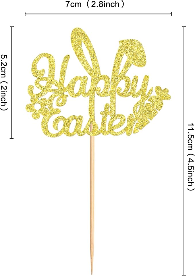 Ercadio 24Pcs Happy Easter Cupcake Toppers Glitter Golden Happy Easter Bunny Ears Cupcake Picks for Easter Day Theme Baby Shower Easter Birthday Party Cupcake Decorations