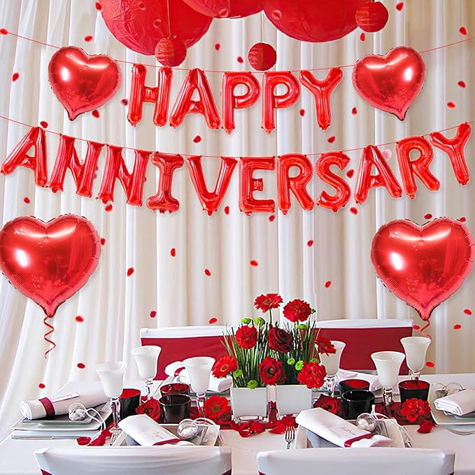2 Set 16 Inch Happy Anniversary Balloons Letters Banner, Happy Anniversary Decorations, Happy Anniversary Balloons Sign for Valentines Day/Wedding Anniversary Party Decorations (Red Happy Anniversary)