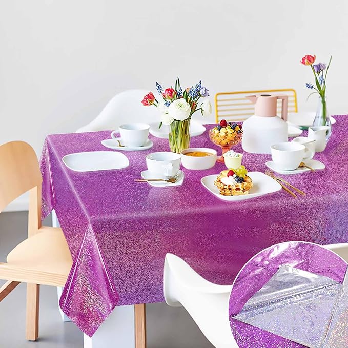 1 Pack Hot Pink Iridescent Plastic Tablecloth Disposable 54 × 108 Inch Glitter Holographic Foil Table Cloth Plastic Laser Rectangle Table Cover for Birthday Wedding Disco Party