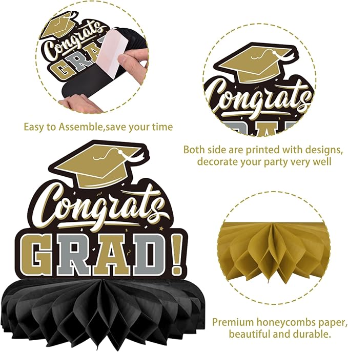 9PCS Graduation Party Decorations Class of 2026 Congrats Grad Table Centerpiece Congratulate Graduation Honeycomb Table Toppers for Graduation Party Supplies(Black）