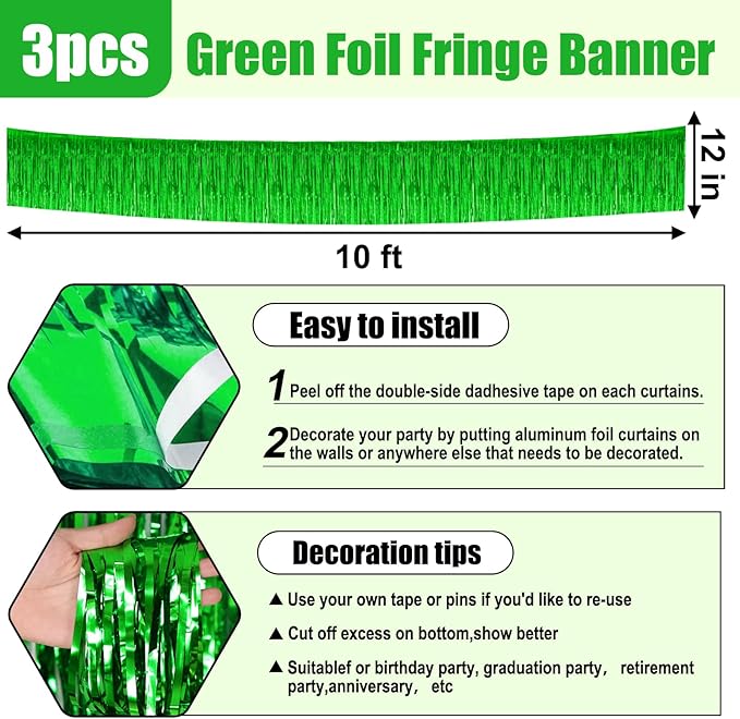 3 Pack 10 Feet Green Foil Fringe Garland Metallic Tinsel Streamers Banner Wall Hanging Curtain Backdrop for Parade Floats, Christmas Day, Thanksgiving, Birthday Party Decorations