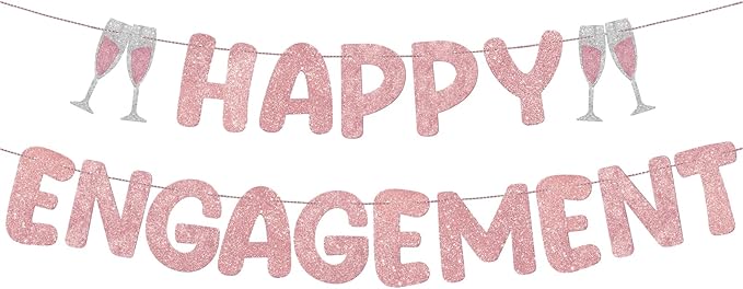 Breling Pre Strung Happy Engagement Banner Glitter Engagement Party Decorations for Congratulations Engaged Wedding Shower Signs Decor(Rose Gold)