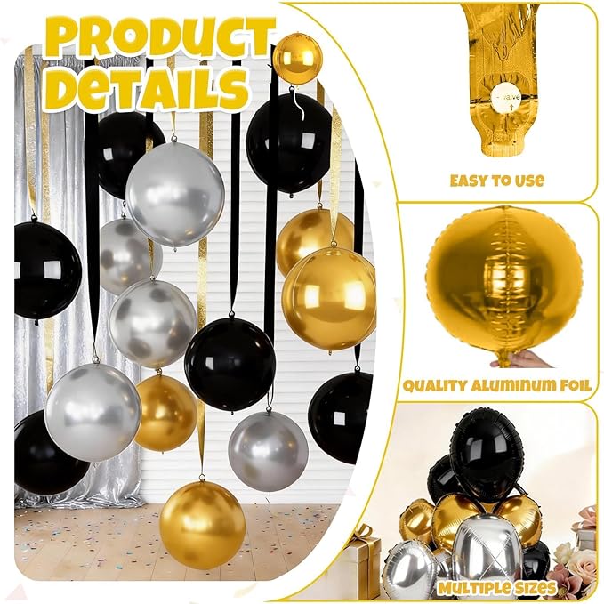 12Pcs Black and Gold Round Balloons Foil, 22" 18" 15" 10" 4D Round Ball Balloon, Giant Gold Black Silver Metallic Balloons for Graduation Wedding New Year Eve Prom Birthday Decorations Supplies