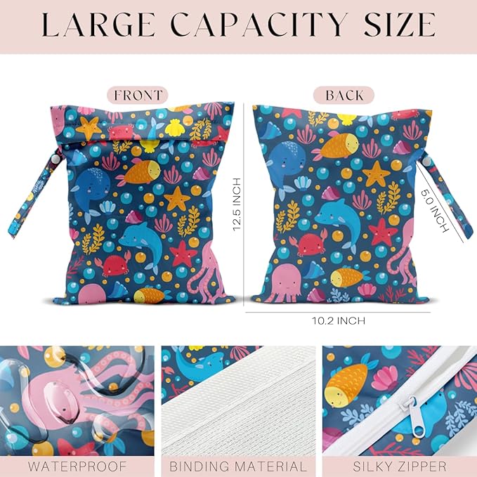Wet Bag, Wet Dry Bag, Waterproof Swim Bags, Machine Washable Reusable Bags for Beach, Pool, Diapers, and Dirty Yoga Gym Clothes(Cute Ocean Creatures All Over Print
