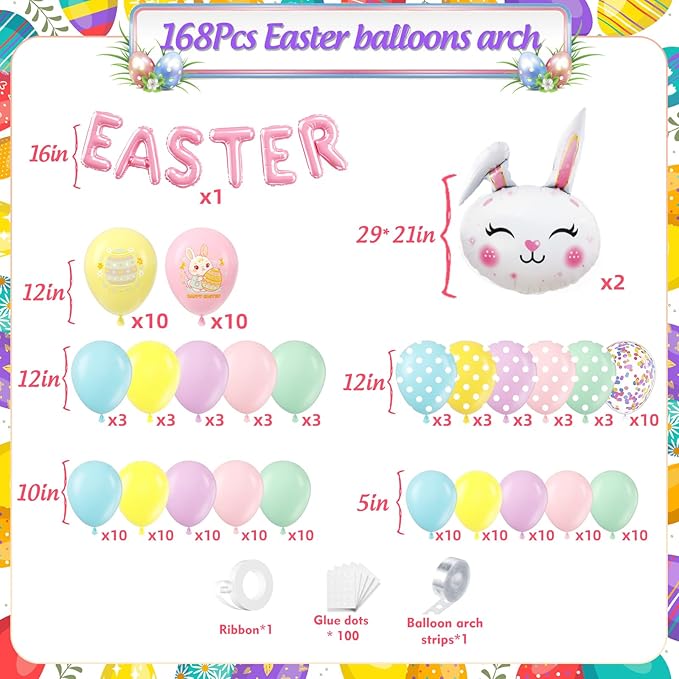 Easter Balloon Garland Kit 168Pcs, Pastel Rainbow Balloon Arch Kit with Bunny Foil, Printed Balloons Spring Colorful Balloon for Spring Easter Baby Shower Birthday Party Decorations