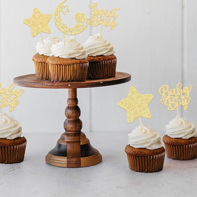 Gyufise 24Pcs Gold Baby Shower Boy Cupcake Toppers Glitter Star Moon Sweet Baby Cake Decorations Baby Boy Cupcake Picks for Baby Shower Boys Birthday Party Decorations Supplies
