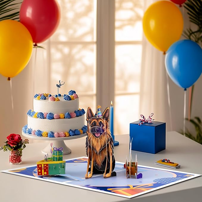 German Shepherd Dog Pop Up Happy Birthday Greeting Card, ideal love Gift for Adult and Kid with Blank Note & Envelope, Foldable Celebration for Daughter, Son, Mom, Dad, Friend, Children