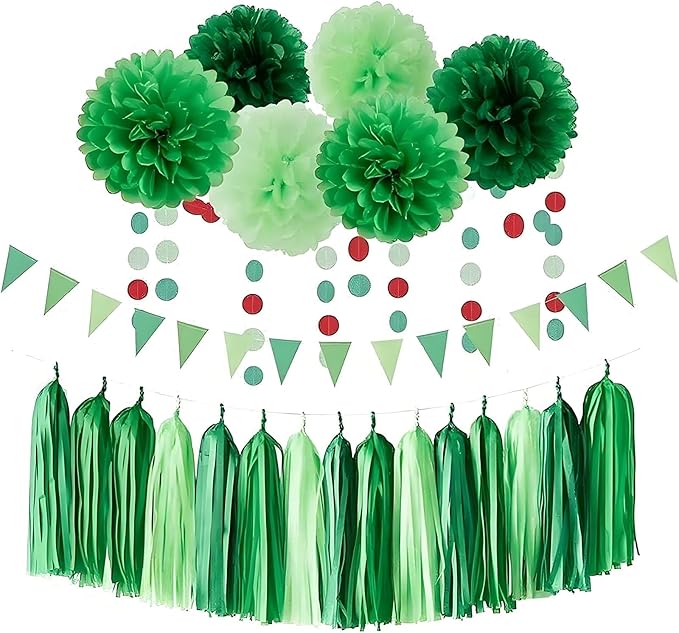 Green Paper Tassel Garland Banner - Tri-Color Handmade Tassels for Party Decorations, Wedding Backdrop, DIY Crafts (30-Pack)