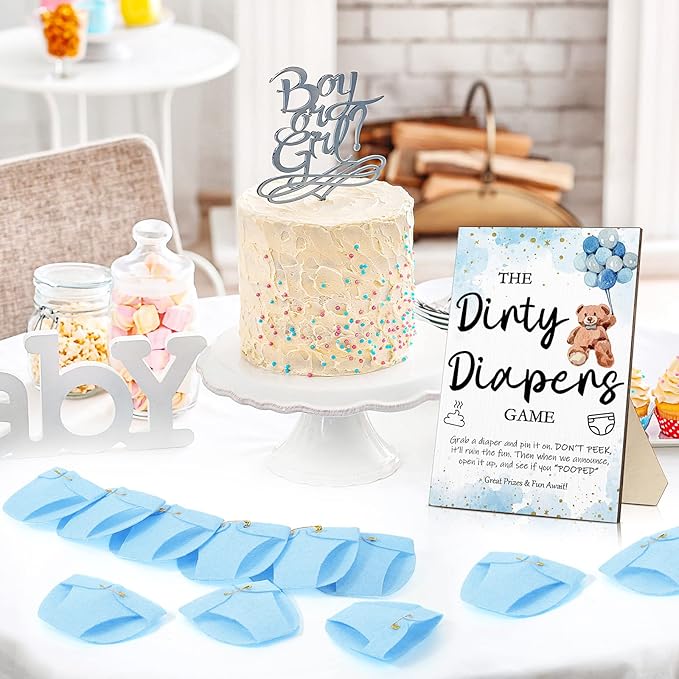 Roowest 51 Pcs Dirty Diaper Baby Shower Games Funny Wooden Sign with 50 Pcs Mini Diapers Cute Felt for Gender Reveal Party Baby Shower(Bear Blue)