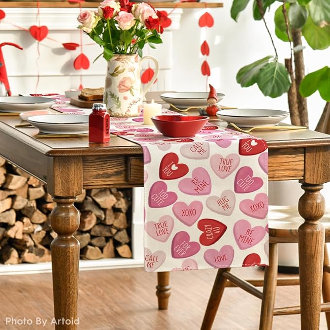 Artoid Mode Pink Ture Love Heart Valentine's Table Runner, Festival Anniversary Kitchen Dining Table Decoration for Home Party Decor 13x90 Inch
