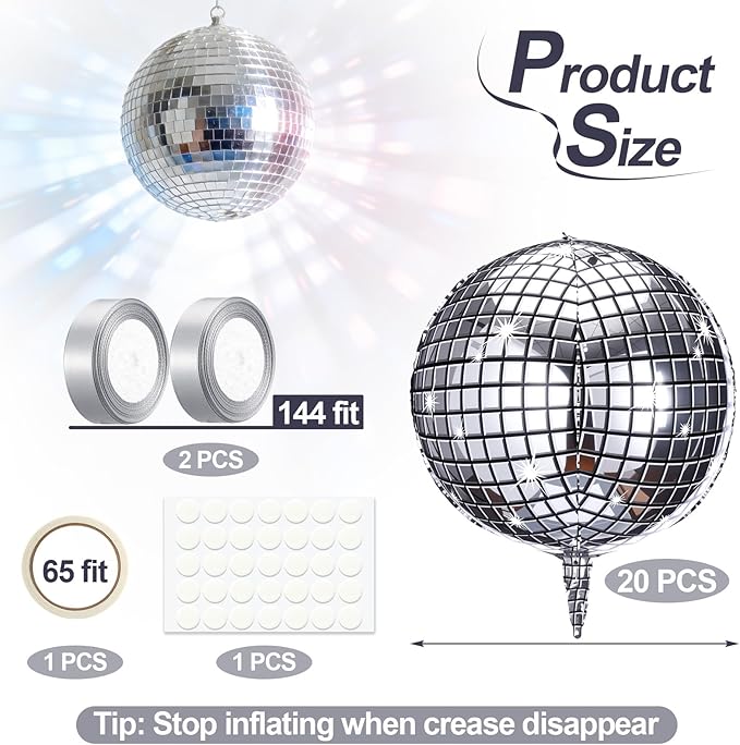 20 Pcs Large Disco Ball Metallic Foil Balloons 22 Inch Giant 4d Round Ball Balloons with Ribbions for Birthday Wedding Baby Shower Anniversary Tea Party Decorations