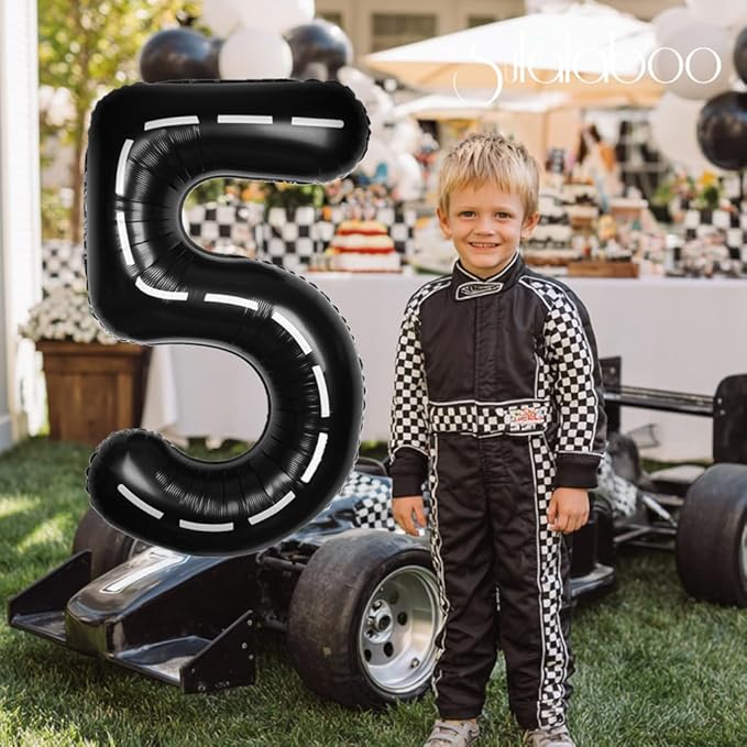 Race Car 40Inch Black 5 Balloon Number Large Helium Race Track 0-9 Giant Digital 5th Foil Mylar Big Party Number Balloons for Boy Birthday Car Theme Party Anniversary Graduation Decorations