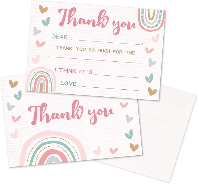 Kids Thank You Cards Fill in the Blank, Boho Rainbow Thank You Notes For Boys Girls, Pink Rainbow Greeting Card, Birthday Party Decorations Favors (20 Cards With 20 Envelopes) -31