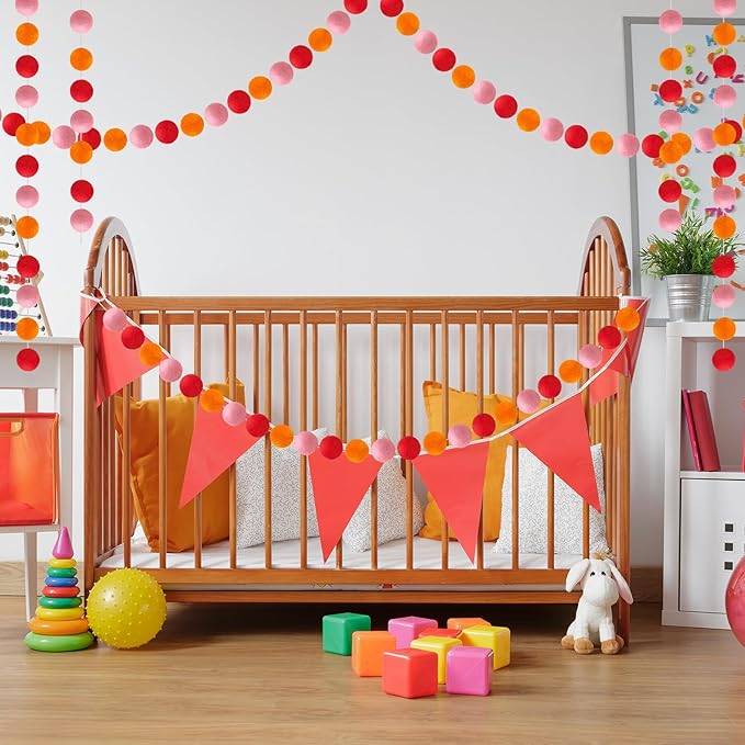 Boao 2 Pieces Wool Felt Ball Garland Colorful Pom Pom Garland Handmade 6.5 Feet Long 24 Balls Felt Banner for Wall Christmas Tree Decoration (Hot Pink,Pink,Orange)