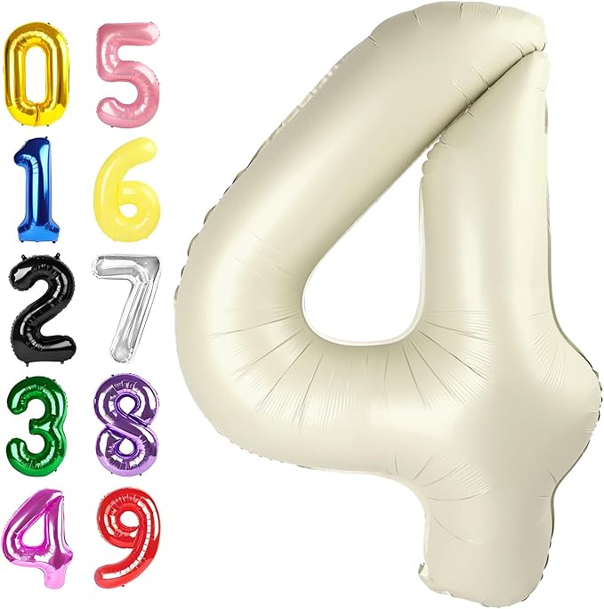 Numbers Balloon, 40 Inch Foil 4 Balloons for Birthday Party Decoration, Cream Number 4 Ballon for 4, 14, 24, 40 Celebration, Birthday, Christmas, Anniversary Decor