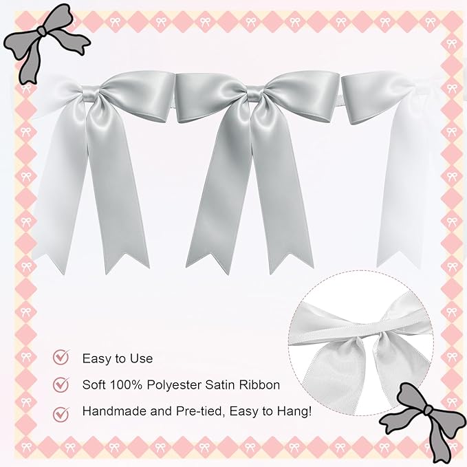2 Strings of 16PCS Silver Bow Garlands Banner Decoration,Pre-Strung Satin Ribbon Ornaments for Birthday,Bachelorette Party,Bridal Shower,Wedding,Engagement,Baby Shower,Graduation Decor,Anniversary