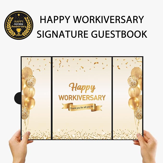 DARUNAXY Black Gold Happy Workiversary Party Decorations, Happy Work Anniversary Alternative Signature Guest Book for Men Women Employee Business Gifts Signing Card Board for Office Supplies