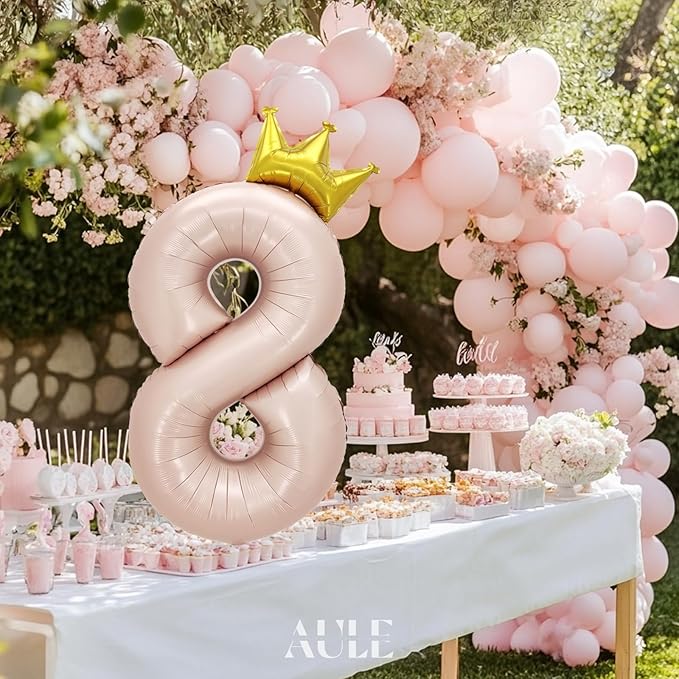 AULE 40 Inch Big Pink 8 Balloon Number with Crown Large Foil Helium Number Balloons 0-9 Jumbo Giant Happy 8th Birthday Party Decorations Huge Mylar Anniversary Party Supplies