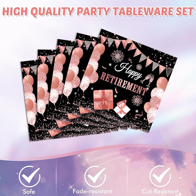 41PCS Retirement Decorations for Women Black Rose Gold Themed Retirement Decor Paper Plates Napkins Tablecloth Set for Women's Say Goodbye Party Supplies