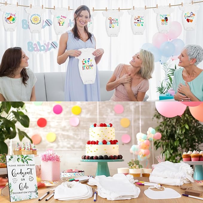 201 Pcs Baby Shower Set Baby Shower Game Sign Baby Bib Bodysuit White Baby Bib Newborn Bodysuit Baby Shower White Decorating Kit(Green)