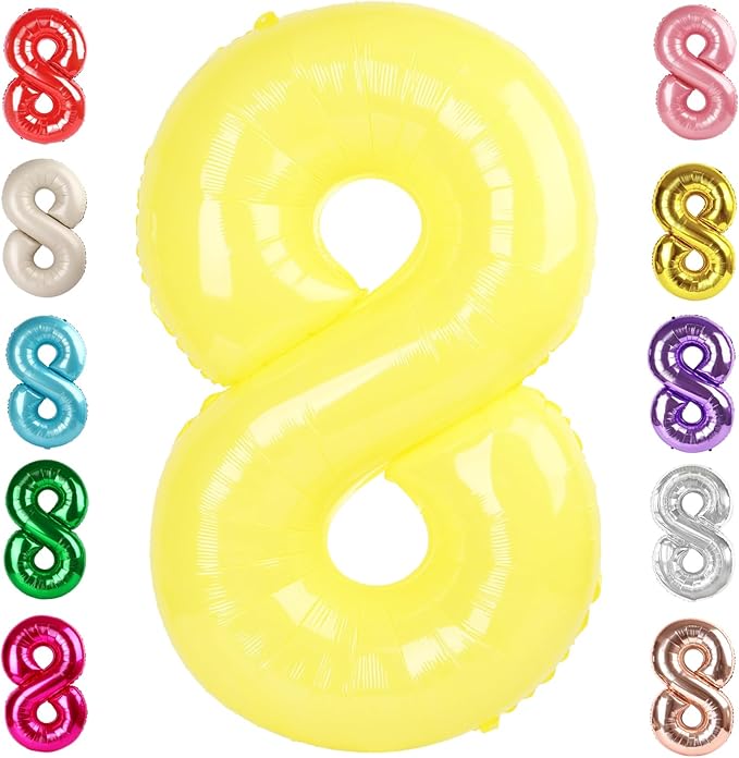 40 Inch Number 8 Balloon, Yellow 8 18 28 80 Birthday Balloons for Men Boys, 8th Birthday Decorations Party Supplies, Wedding, Graduations