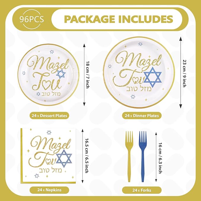 96Pcs Mazel Tov Party Decorations Congratulations Plates and Napkins Gold Blue Disposable Paper Tableware Set for Bar Mitzvah Bat Mitzvah Jewish Birthday Wedding Engagement Party Supplies Serves 24