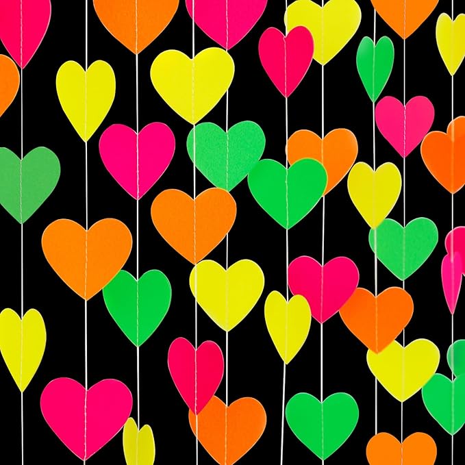 UV Neon Party Decorations Valentines-Day Heart-Garland - 52ft Glow in The Dark 80s Hanging Streamers Banner,Girl Romantic Galentines Wedding Anniversary Baby Bridal Shower Engagement Decor Panduola
