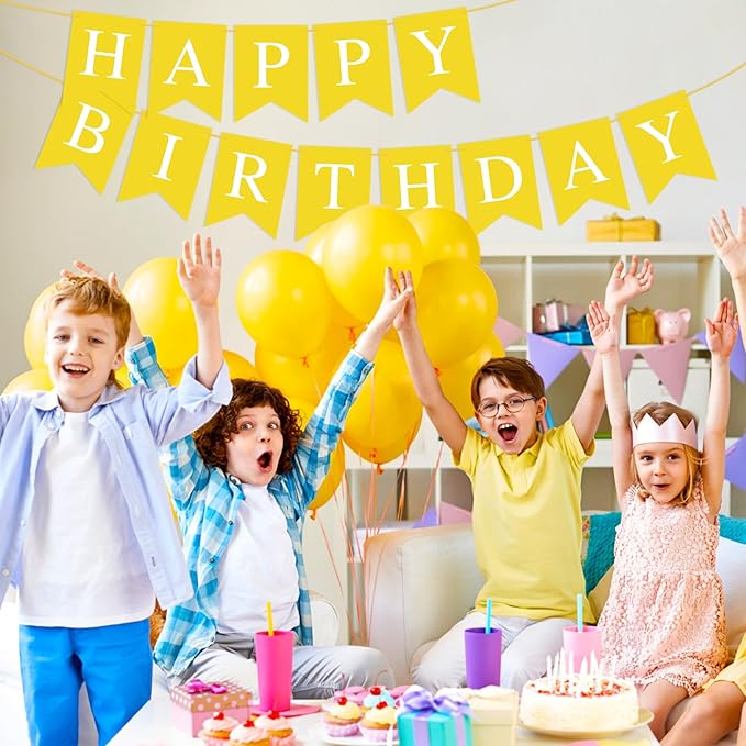 Yellow Happy Birthday Banner Sign for Backdrop Yellow Themed Birthday Party Decorations for Boys Girls Kids Party Banner Garland Bunting Flag Tea Party Supplies Wall Decor Yard Decorations