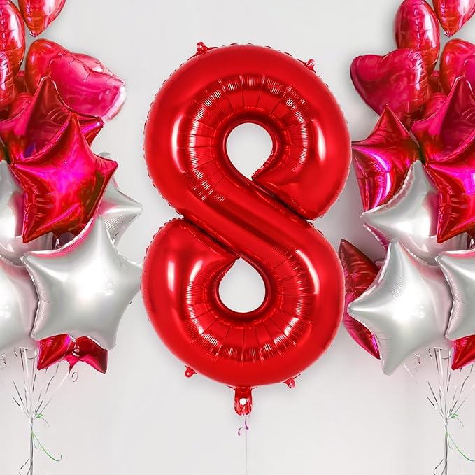 Red Number 8 Balloon 40 Inch, Big Large Foil Helium Number Balloons, Jumbo Giant Mylar Number 8 Balloons for 8 Year Old Birthday Red Party Decorations Supplies Anniversary
