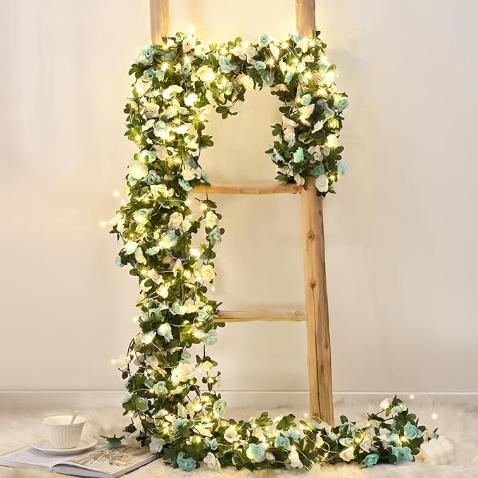 BLEUM CADE 12Pcs 98.4Ft Flower Garland Artificial Rose Vines with 98.4Ft String Lights, Cute Fake Hanging Flower Vines Floral Garland Decorations for Wedding Party Wall Room Decor Aesthetic