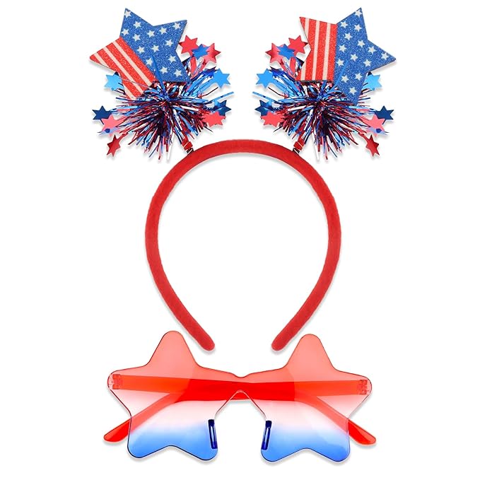 Semato 2 PCS Patriotic Party Accessories 4th of July Headband and Red White Blue Star Sunglasses