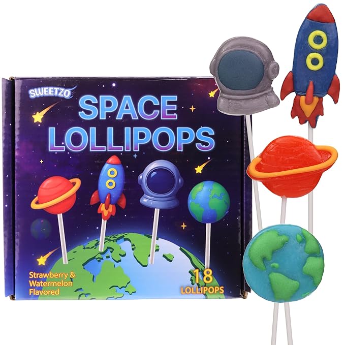 Space Lollipops, Galaxy Themed Birthday Party Treats, Individually Wrapped Candy Rocket, Earth, Saturn & Astronaut Suckers, 18 Pieces