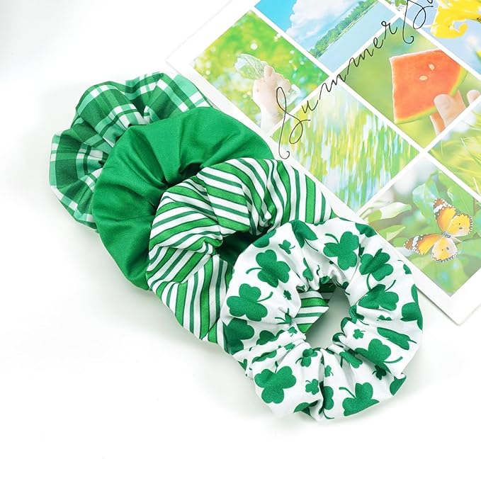 St.Patrick's Day Hair Ties for Woman Girls Green Striped Plaid Shamrock Hair Scrunchies Elastic Irish Lucky Leaf Hair Tie St.Patricks Party Supplies Hair Accessories