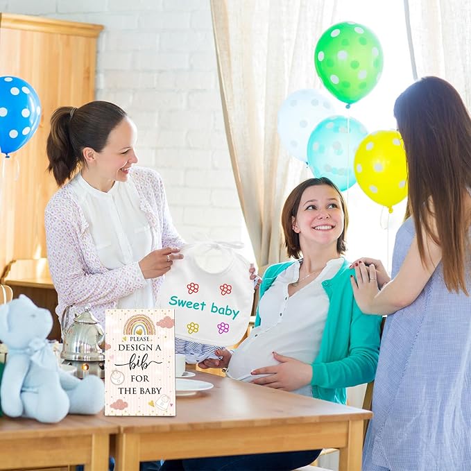 Panitay 43 Pcs Baby Shower Games White Bibs Design, Include Wooden Baby Shower Game Sign, 30 DIY Blank White Bibs, 12 Markers for Gender Reveal Party Decorating Supplies(Boho)