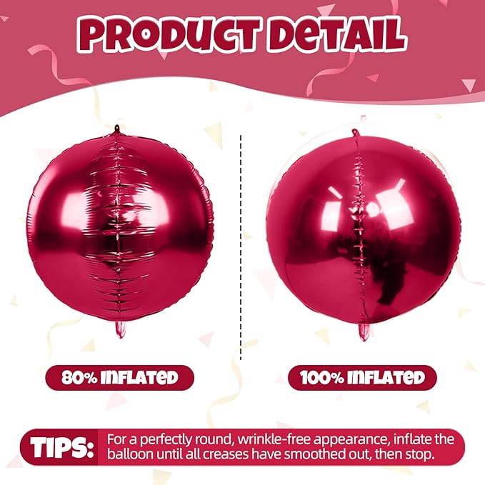 12Pcs Red Round Balloons Foil, 22" 18" 15" 10" 4D Sphere Shaped Balloon Different Size, Large Metallic Dark Red Balloons for Xmas Prom Graduation Baby Shower Birthday Party Decorations Backdrop