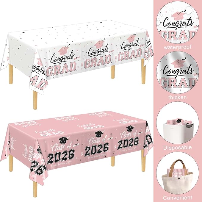 Oigco 2 Pack Pink Graduation Tablecloths, Graduation Decorations Class of 2026, Congrats Grad Plastic Table Cloths for Graduation Party Decorations, 54 x 108 Inch