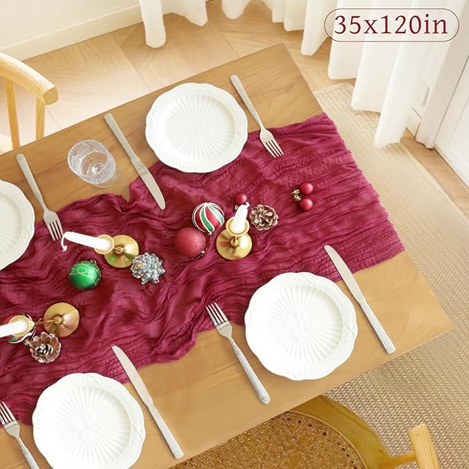 Christmas Table Runner, 10FT Burgundy Table Runner 35*120inch Boho Dark Red Table Runners for Burgundy Christmas Decorations Party Supplies Christmas Table Centerpiece Decorations