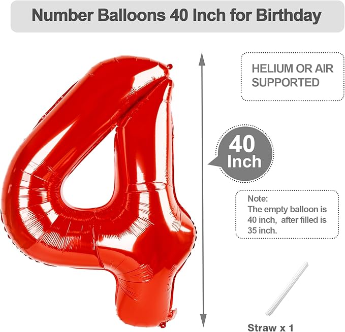 Number 4 Balloon, 40 Inch Large 4 Balloons for Birthday Party Decoration, Red Number 4 Ballon for 4, 14, 24, 44 Celebration, Birthday, Christmas, Anniversary Decor