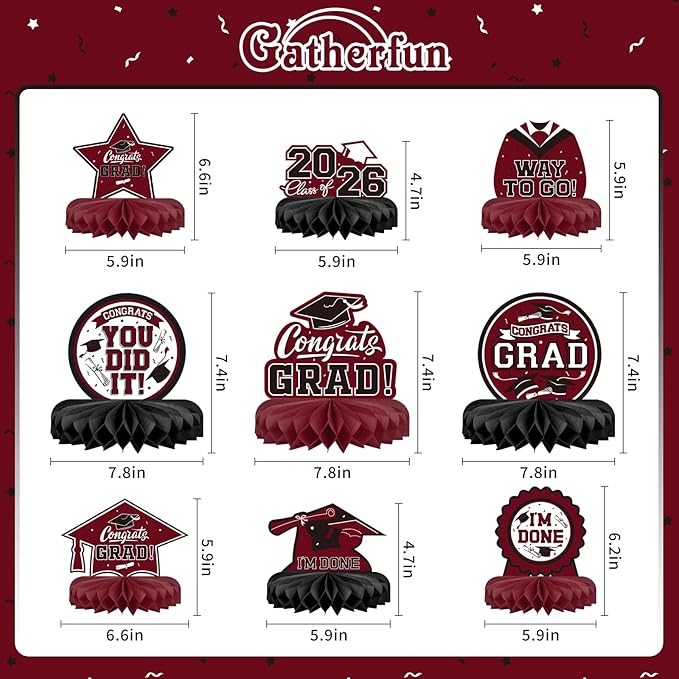 9PCS Graduation Party Decorations Class of 2026 Congrats Grad Table Centerpiece Congratulate Graduation Honeycomb Table Toppers for Graduation Party Supplies(Maroon,Black）