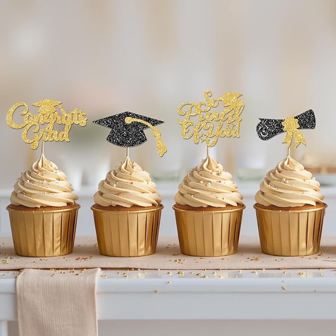 24Pcs Black Gold Graduation Cupcake Toppers 2026, Glitter Grad Cap Diploma Congrats Grad We Are So Proud of You Cupcake Toppers for Class of 2026 Graduation Party Decorations.