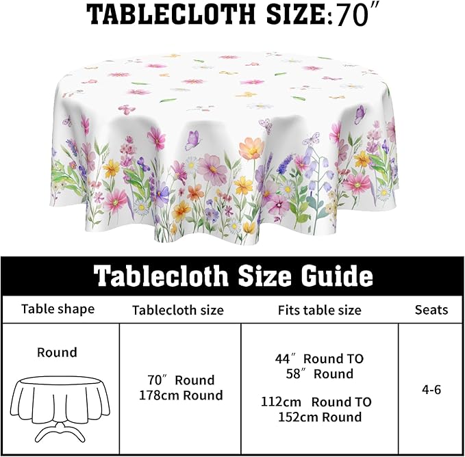 Pink Floral Tablecloth Round 70 Inch Spring Yellow and Pink Wildflower Outdoor Table Cloth Farmhouse Butterfly Flower Table Cover for Kitchen Dinner Room Holiday Party Indoor Outdoor Home Decor