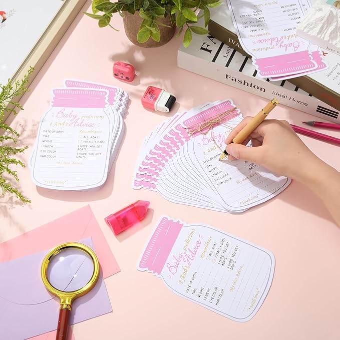 Lincia 50 Pcs Baby Shower Prediction and Advice Cards Pink Mason Jar Baby Prediction Cards for Girl or Boy Gender Reveal Decorations Gender Neutral Decor Activity Games Keepsake for New Parents